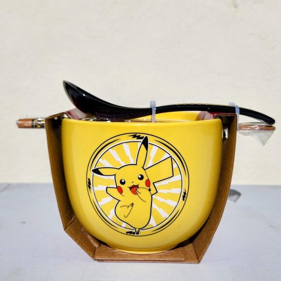 NEW Pokemon Pikachu Ceramic Ramen Bowl Chopsticks and Spoon Microwave Safe 20 oz - Picture 3 of 14